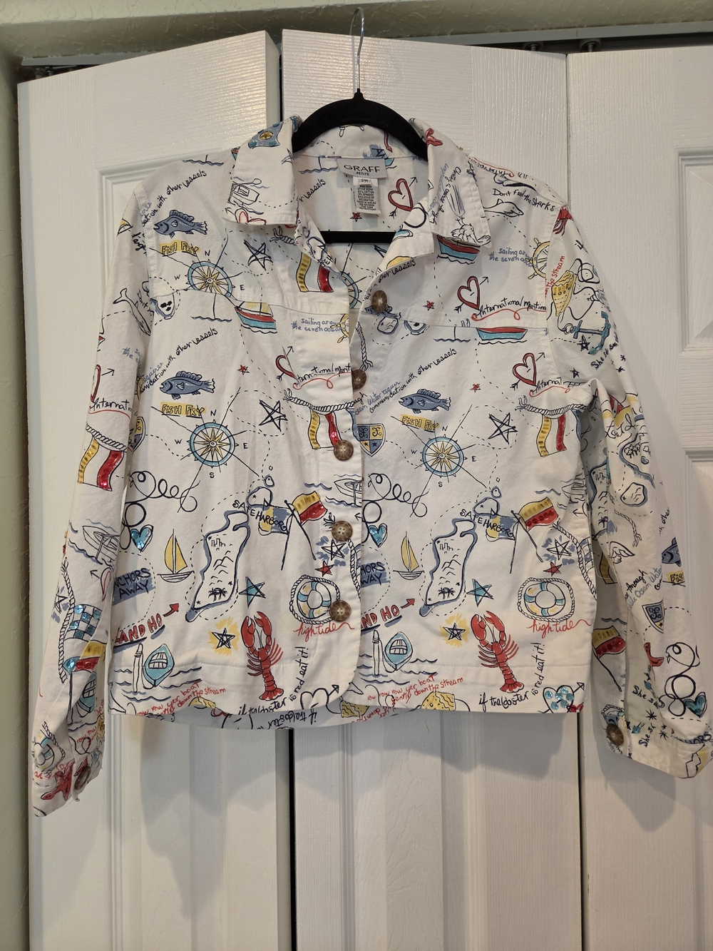 Vintage 90s Graff White Nautical Print Cotton Jacket Petite Medium